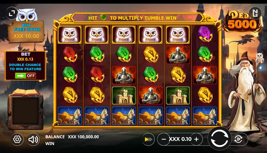 Dede 5000 base game, a six-reel grid at rest with the prompt to hit an orb to multiply the tumble win
