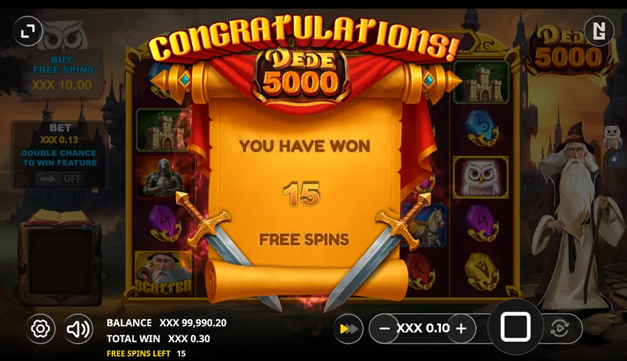 Dede 5000 free-spins trigger screen announcing 15 free spins won